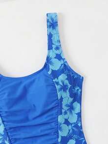 Swim Lushoire 2026新款 Lushoire 女士夏季沙滩度假优雅修身圆领褶皱热带花卉印花连体泳衣 - 藍色 - 查看 7