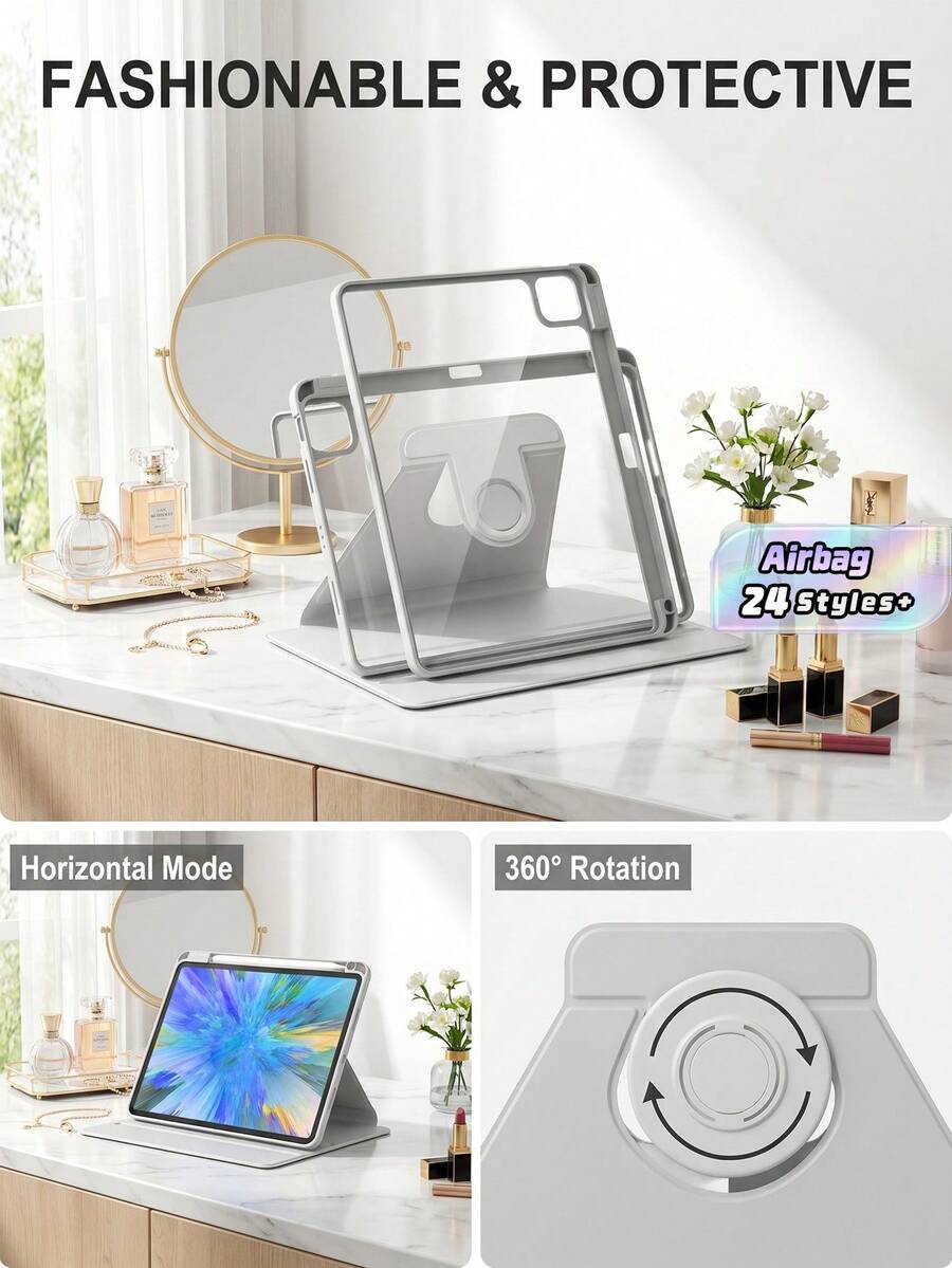 Rotating Case Compatible With IPad 5th/6th/7th/8th/9th/10th/11th Gen, Mini 6th/7th Gen, Air 1st/2nd/3rd/4th/5th/11-In.(M2)/11-In.(M3)/13-In.(M2)/13-In.(M3) Gen, Pro 12.9-In. (3rd/4th/5th/6th Generation) With Built-In Apple Pencil Holder, 360 Degree Rotation Protective Stand Cover Clear Back, Auto Wake/Sleep-Grey
