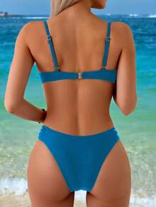 Swim SXY 女款黑色性感支撐抓皺平口上衣與比基尼泳褲兩件式泳裝套裝，夏季海灘裝 - 藍色 - 查看 2