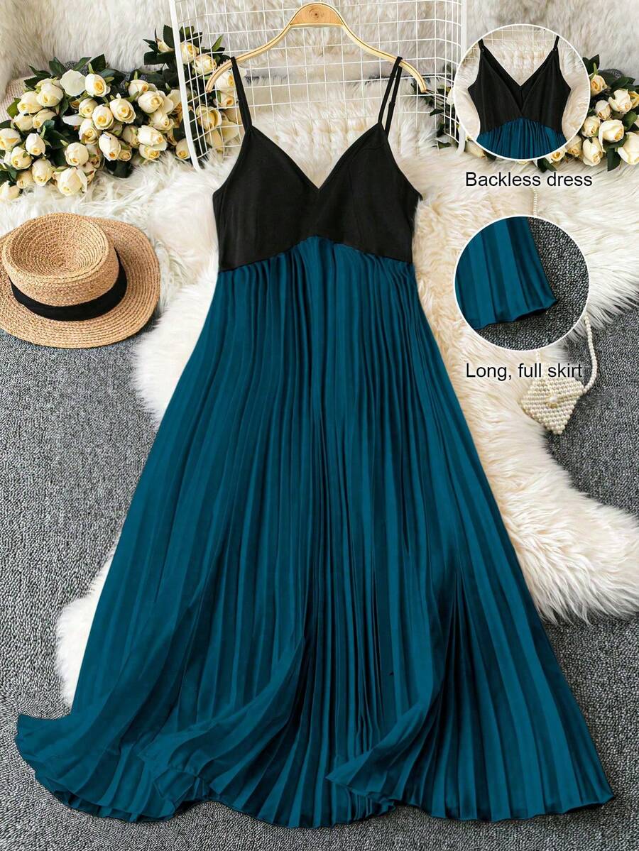 DreamSkyne Robe camisole plissée élégante et raffinée avec empiècement, style romantique élégant pour femmes grandes tailles, nouveau style pour dîner et invitée de mariage, bleu sarcelle, été - Multicolore - Voir 1