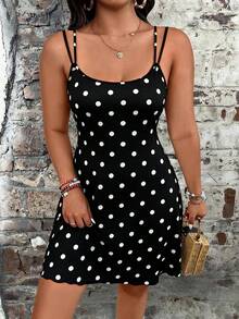 EMERY ROSE Plus Size Colorblock Polka Dot Print Camisole Dress - Grey - View 5