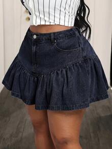 Slaydiva Plus Size Women High Waist Pockets Ruffle Hem Denim Mini Skirt - Blue - View 3
