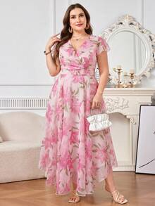 Reflora Gaun Wanita Ukuran Besar Elegan dengan Motif Bunga, Gaun untuk Tamu Pernikahan Musim Panas - Hot Pink - View 10