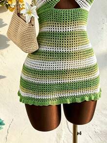 INAWLY Sexy Boho Swimsuit Cover Up, European And American Beach Resort Style Sexy Bikini With Tie-Up Stripes And Open Back Green Striped Summer - Multicolor - View 6
