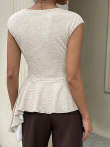 Siren Gaze Women's Chic Beige Summer Top,Elegant Pleated Asymmetrical Hem Short Sleeve Knit Shirt,Minimalist Fitted Mock Neck Office Date Casual Brunch Wear,1pc - Apricot - View 4