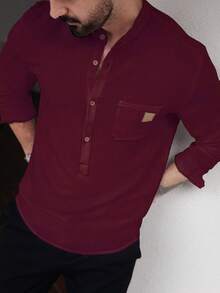 Manfinity Homme 男士鈕扣前襟長袖口袋休閒襯衫，簡約設計適合日常穿著，適用秋季，正式場合 - 酒紅色 - 查看 5