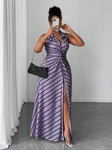 Maweii Plus Size Women Casual Striped Knit Twist Design Dress - Multicolor - View 6