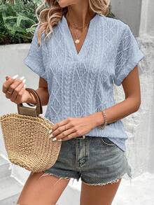 EMERY ROSE Vacation Casual Solid Color Textured Notch Neck T-Shirt - Dusty Blue - View 3