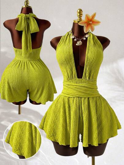 Sunspun Bộ jumpsuit nữ cỡ lớn màu xanh lá cây dễ thương, phong cách avant-garde, không tay, thắt nơ phía trước và hở lưng, thiết kế ống rộng, nhún vai và eo, thích hợp cho kỳ nghỉ hoặc mặc hàng ngày.