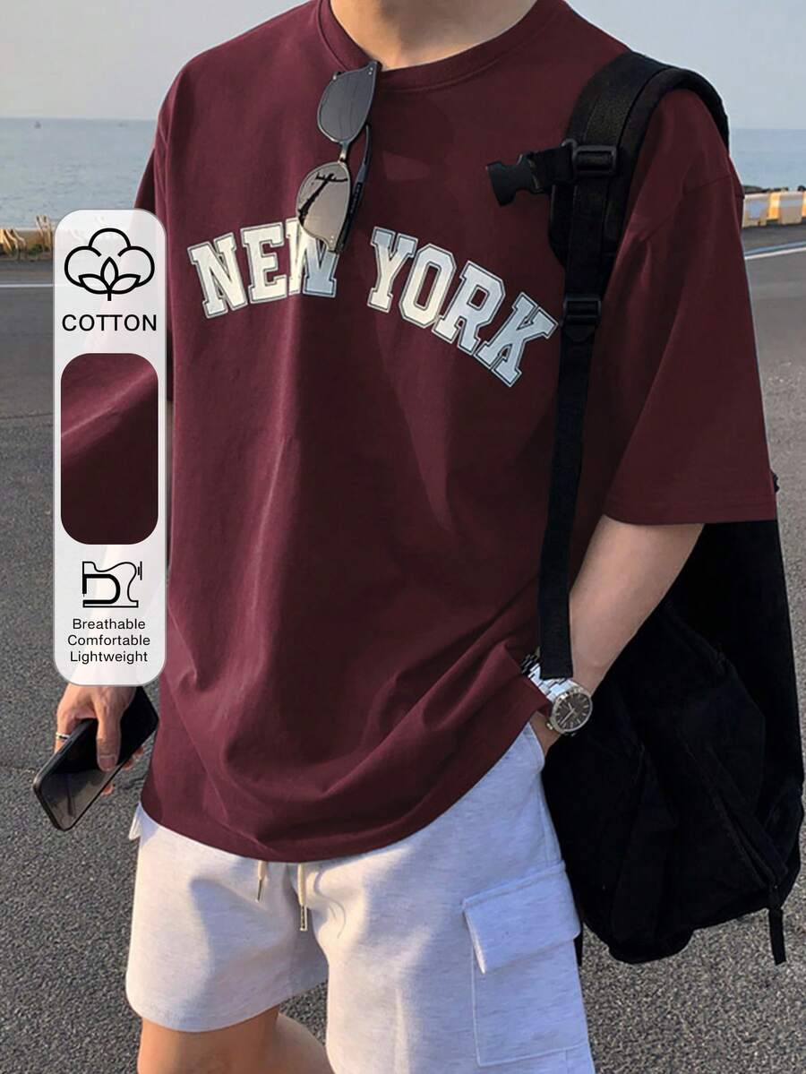 DAZY 男士夏季休闲短袖字母印花T恤，圆领，图案T恤 - 酒紅色 - 查看 1
