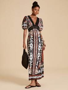 Travachic Abito lungo vintage da donna con scollo a V, maniche a petalo, pizzo e patchwork, adatto per l'estate - Multicolore - Visualizzare 6