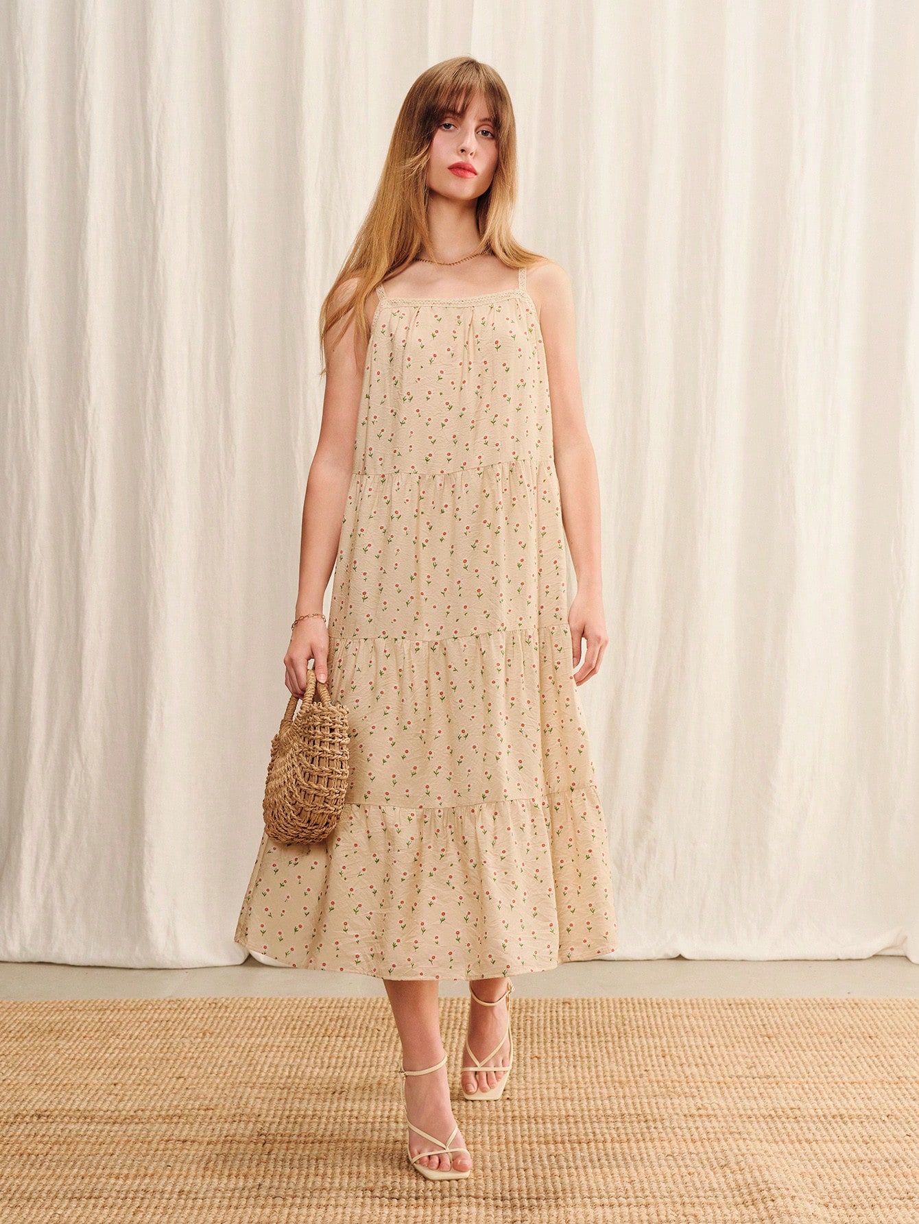 Cream Floral Print Midi Boho Dress Loose Fit Dress Spring Summer Casual Dress Holiday Dress Boho Dress French Style Dress