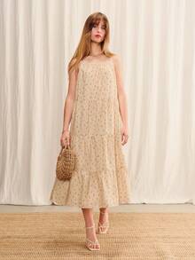 lacRébo Gaun Midi Motif Bunga Krem Gaya Boho, Gaun Longgar, Gaun Kasual Musim Semi dan Musim Panas, Gaun Liburan, Gaun Boho Gaya Prancis - Baby Pink - View 1