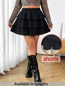 SHEIN PETITE CURVE CURVE 大尺碼女款小個子黑色可愛夏季教師純色多層裙褲，高腰優雅嘉年華派對 - 黑色 - 查看 3