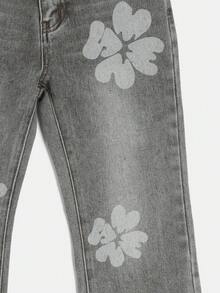 SUMWON Vintage Washed Denim Jeans With White Floral Print Design Straight Leg Casual Pants Retro Style - Grey - View 4