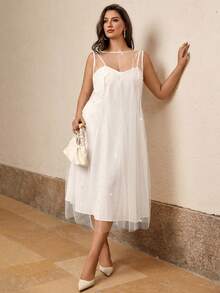 Juhart Vestido longo branco sem mangas, elegante, de verão, com detalhes em pérolas, em tecido plano e modelagem regular, ideal para mulheres plus size. - Branco - Ver 4