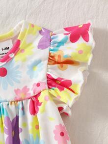 SHEIN Newborn Baby Girl Summer Cute Sleeveless Knit Dress Colorful Ruffled Trim A-Line Doll Silhouette Skirt Soft Stretch Fabric Playful Prints Apparel - Multicolor - View 5
