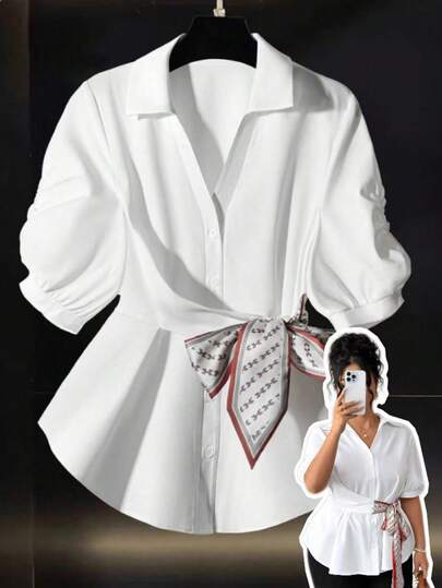 Elenzga Plus Size Women's Elegant White Shirt With Belt And Scarf Decor, Suitable For Office, Graduation, Valentine's Day, Music Festival, Mother's Day