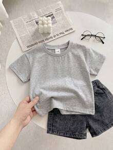 SHEIN Baby Boy Solid Color Basic Minimalist Round Neck Short Sleeve Top - Grey - View 2