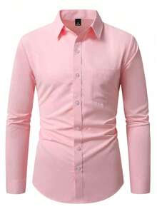 Manfinity Mode Camisa casual de negocios formal para hombre de unicolor con bolsillo delantero, botones y manga larga - Rosa - Ver 3