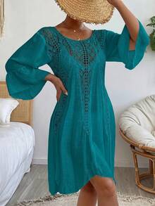 Swim Vcay Đầm trễ vai móc len phong cách Boho, thanh lịch, thường ngày, thích hợp cho mùa xuân hè, đi biển, dự tiệc, đi biển, đi nghỉ mát, đi dự tiệc. - Màu xanh ngọc - Xem 1