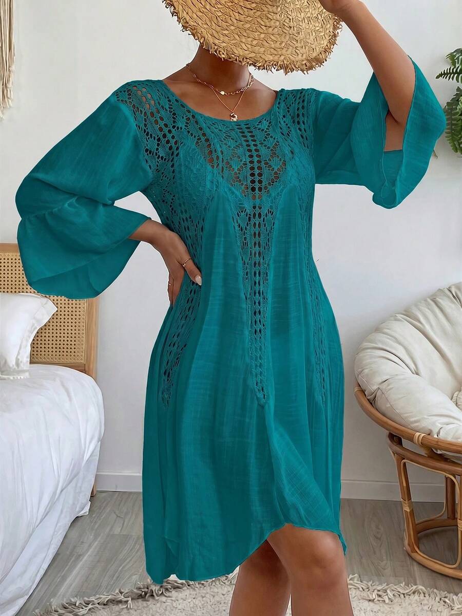 Swim Vcay Đầm trễ vai móc len phong cách Boho, thanh lịch, thường ngày, thích hợp cho mùa xuân hè, đi biển, dự tiệc, đi biển, đi nghỉ mát, đi dự tiệc. - Màu xanh ngọc - Xem 1