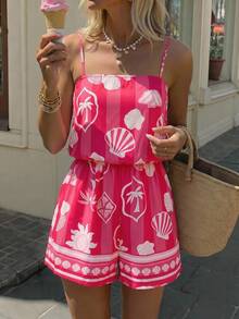 Vivid Eden Women's Summer Beach Vacation Tropical Palm Tree & Shell Colorblock Striped Print Drawstring Romper - Red and White - View 8