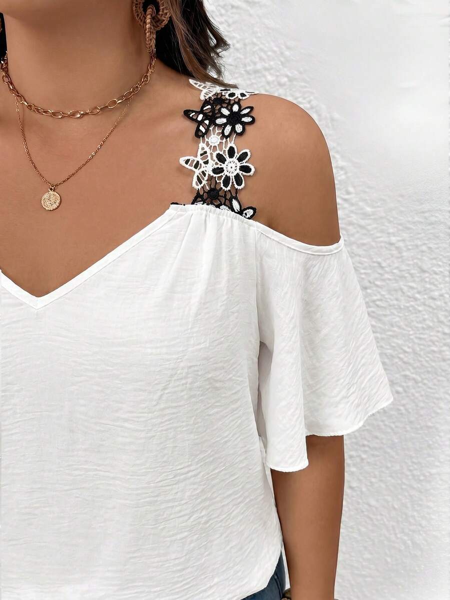 SHEIN Frenchy Plus Size Casual Lace Patchwork Off-Shoulder Blouse