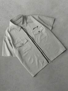 PAVTROS Men's Versatile Zip-Front Letter Print Pocket Shirt - Gray green - View 3