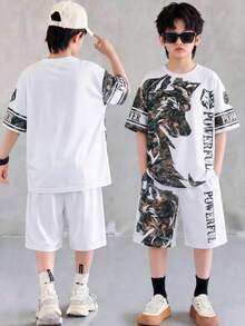 SHEIN 青少年男童休闲简约酷炫狼图案印花短袖圆领T恤，两件套度假套装，适合夏季穿着 - 白色 - 查看 4