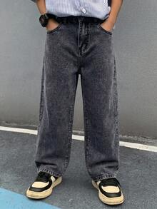 SHEIN Quần jeans ống đứng dáng casual cho bé trai tuổi teen, đã qua xử lý giặt. - màu đen - Xem 7