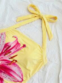 SHEIN Random 3items,Send 1item Tween Girl Pink Floral Summer Boho Beach Vacation Holiday Knit Hibiscus Print Halter Ruched Fitted Fashionable Camisole - Yellow - View 4