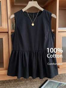 SHEIN LUNE Plus Size Women Versatile Solid Color Ruffle Hem Blouse Day Black Summer Casual - Black - View 1