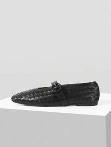 MOTF ZAPATOS PLANOS ELEGANTES Y VERSÁTILES PARA MUJERES, DE COLOR NEGRO TEJIDO CON HEBILLA AJUSTABLE - Negro - Ver 2