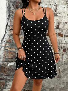 EMERY ROSE Plus Size Colorblock Polka Dot Print Camisole Dress - Grey - View 1