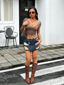 SHEIN ICON 女士休闲时尚街头风日常通勤破洞毛边修身牛仔迷你裙，夏季 - 藍色 - 查看 3