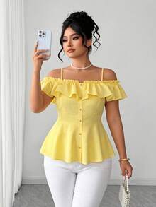 GlowEve CURVE Plus Size Women's Fashionable Elegant Delicate Spaghetti Strap Off-Shoulder Blouse, Summer - Yellow - View 3