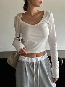 DAZY Solid Scoop Neck Crop Tee Long Sleeve Women Tops - White - View 5