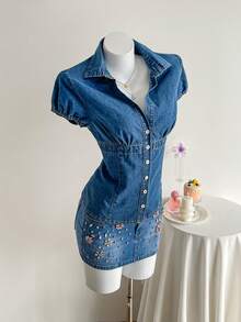 Elamini Áo sơ mi denim nữ dáng ôm, cài một hàng khuy, thích hợp mặc đi làm, mùa hè. - Màu xanh lam - Xem 7