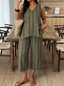 Weeklong Plus Size Women's V-Neck Sleeveless Irregular Hem Top And Straight Leg Pants Striped Print 2-Piece Set, Casual Vacation Wear Spring/Summer - Multicolor - View 3