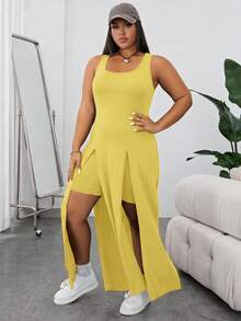 SHEIN Essnce Plus Size Women 2-Piece Set: Solid Color Slit Tie Back Camisole Dress And Shorts - Yellow - View 3
