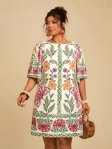 Travachic Damen Große Größen Tropisch Boho Muster Locker Sitzend Rundhals Kurzarm Casual Kleid, geeignet für Herbst, Urlaubsoutfits für Frauen - Verschiedenfarbig - Übersicht 3