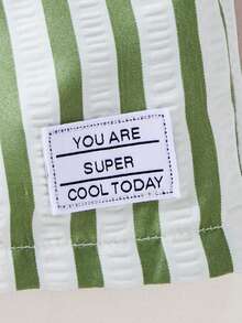 SHEIN 1pc Young BoyWoven Striped Casual Shorts, Decorative Patch, Relaxed Holiday Style, Suitable For Spring/Summer Daily Wear - Green - View 6