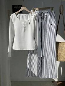 Comfortcana Women's Summer Blue And White Stripe 2-Piece Set,Casual Lounge Button Top & Embroidered Pants Outfit,Navy Blue Beach,Thanksgiving,Christmas Apparel - Navy Blue - View 3