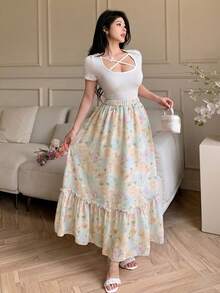 Modelyn 女款彈性腰花卉印花荷葉邊A字裙，適合春、夏、秋季 - 彩色 - 查看 4