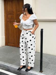 Rivivi Plus Size High Waist Polka Dot Mom Jeans - White - View 5