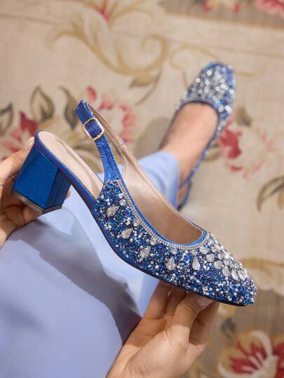 CUCCOO TILAWA European And American Style Fashion Full Diamond Slingback Thick Heel Square Toe Blue Women's Shoes Shopping Party Banquet Office High Heel Fashion Women's High Heels