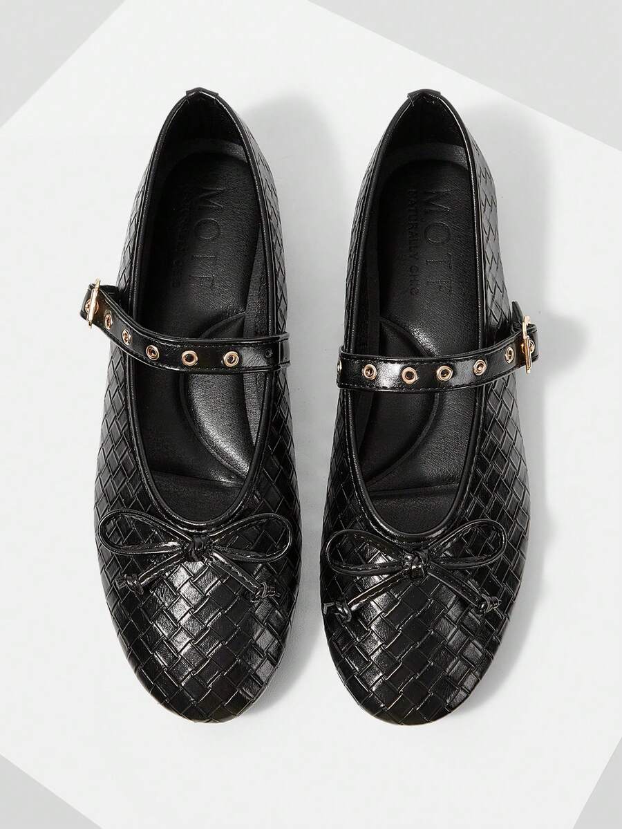 MOTF WOMEN'S BUCKLE RIVET INLAID BOW SIMPLE AND GENEROUS FLAT BOTTOM SUITABLE FOR DAILY COMMUTING LEISURE ROUND TOE SHOES - Black - View 1