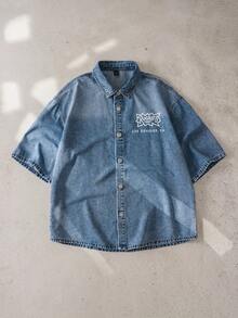 Nick 90s | SHEIN Men's Casual Fashionable Street Daily Commute Funny Cartoon Letter Print Short Sleeve Denim Shirt, Summer - Medium Wash - View 2