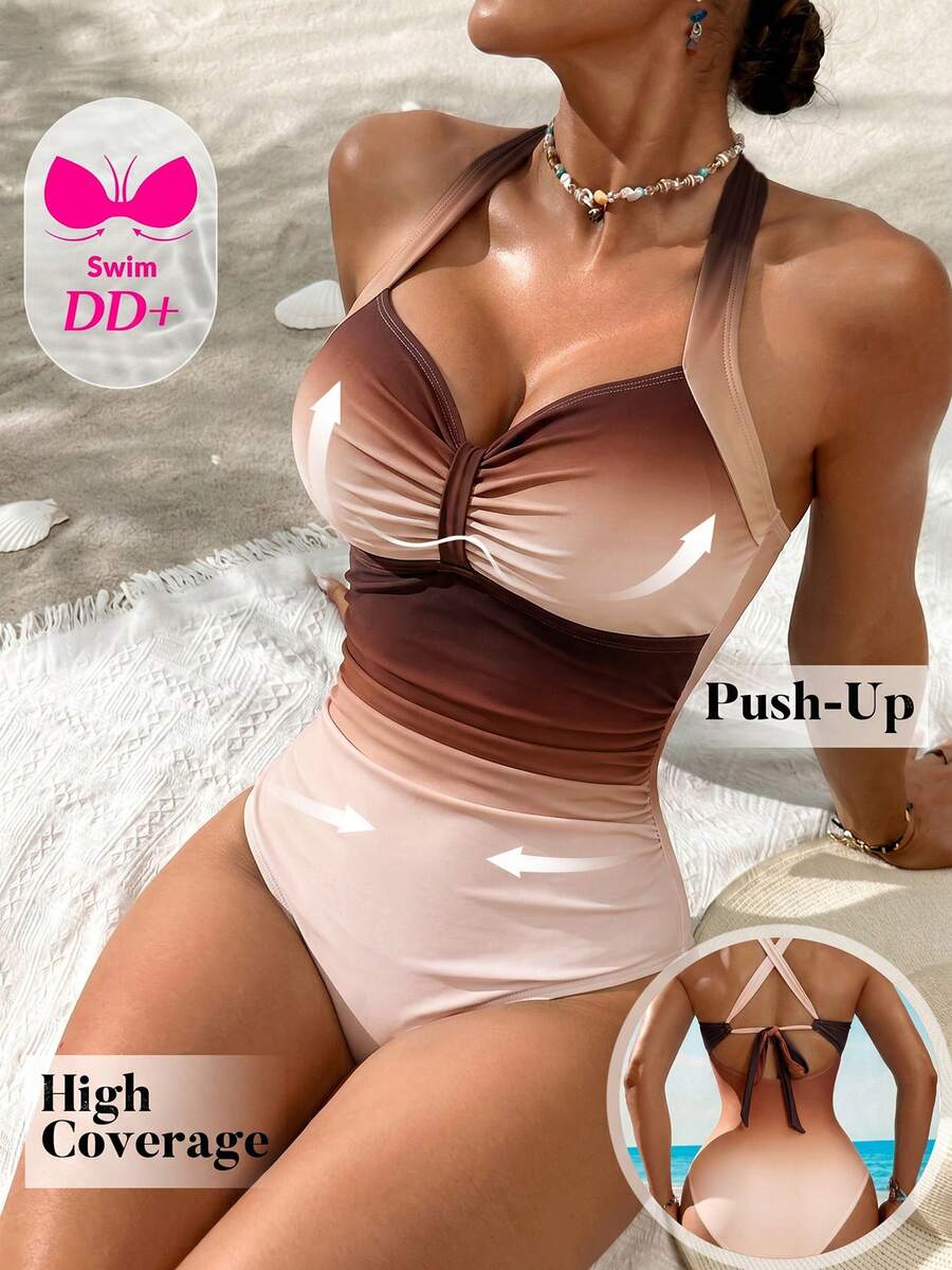 Voyashape 女士渐变褶皱露背连体泳衣 - 彩色 - 查看 1